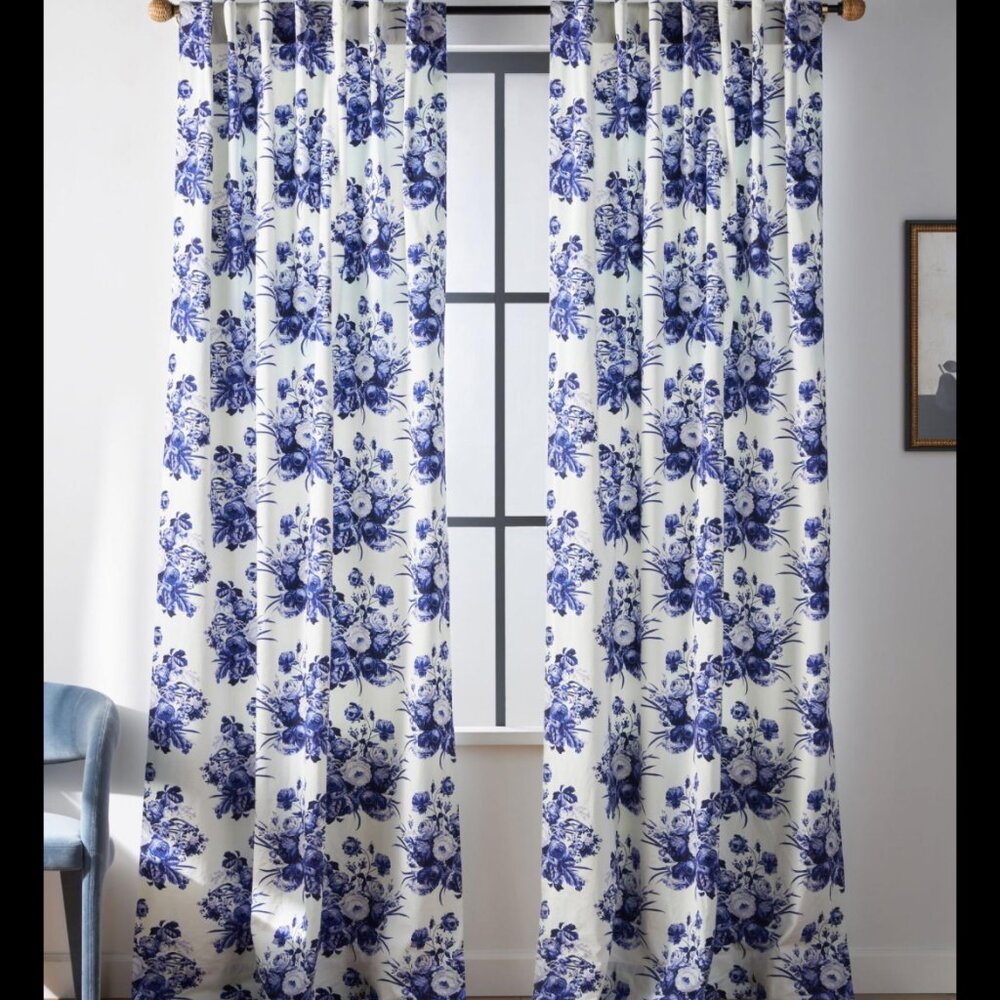 Anthropologie Abi Blue & White Cotton Panel Curtain 50" W x 96" L NWOT